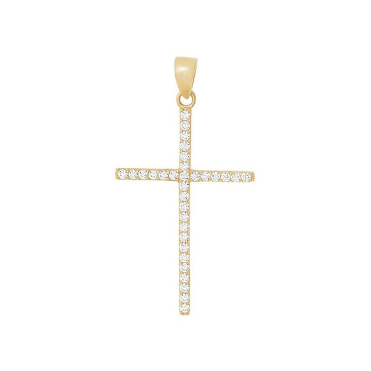 Image of Charms. Productname: Pave Set Cubic Zirconia Cross Pendant in 9kt Yellow Gold in Gold colour by brand - Bevilles