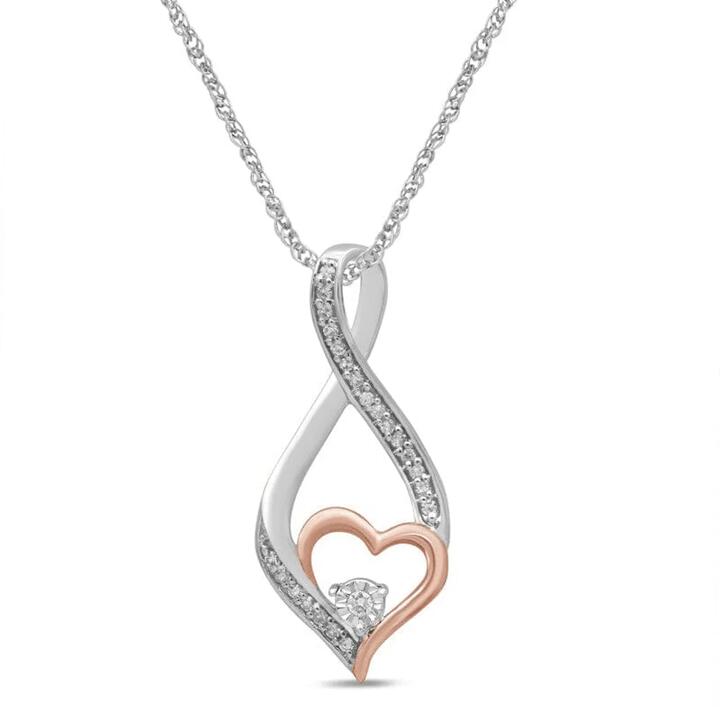 Image of Necklaces. Productname: 45cm Flame Heart Shaped Necklace with 0.07tw of Diamonds in Sterling Silver and 9kt Rose Gold in Diamond colour by brand - Bevilles