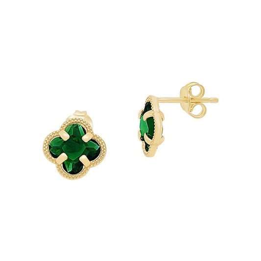 Image of Earrings. Product name - Crystal Clover Stud Earrings in 9kt Yellow Bonded Gold in colour by brand - Bevilles