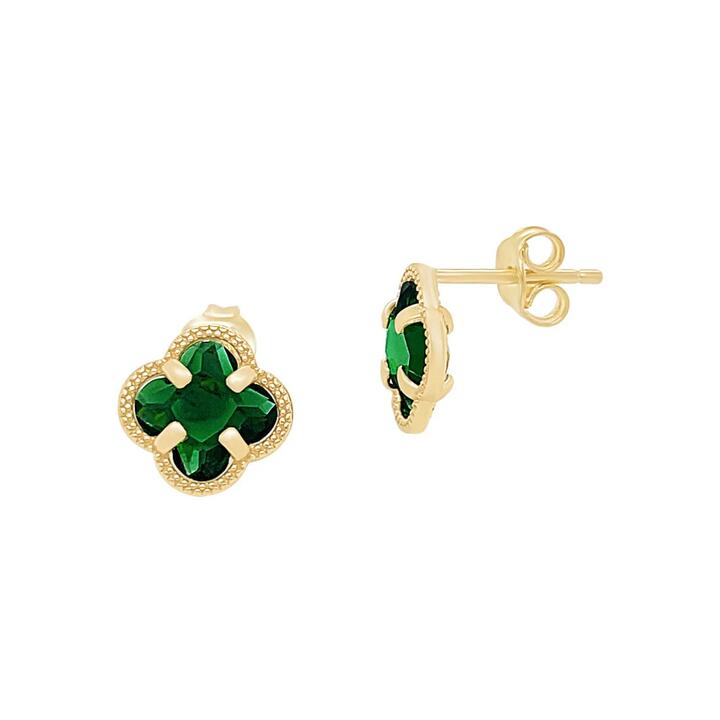 Image of Earrings. Product name - Crystal Clover Stud Earrings in 9kt Yellow Bonded Gold in colour by brand - Bevilles