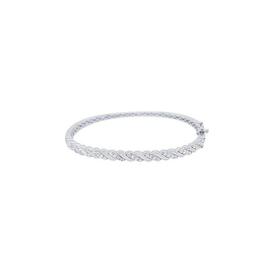 Image of Jewelry. Product name - 59mm Twist Cubic Zirconia Bangle in Sterling Silver in colour by brand - Bevilles