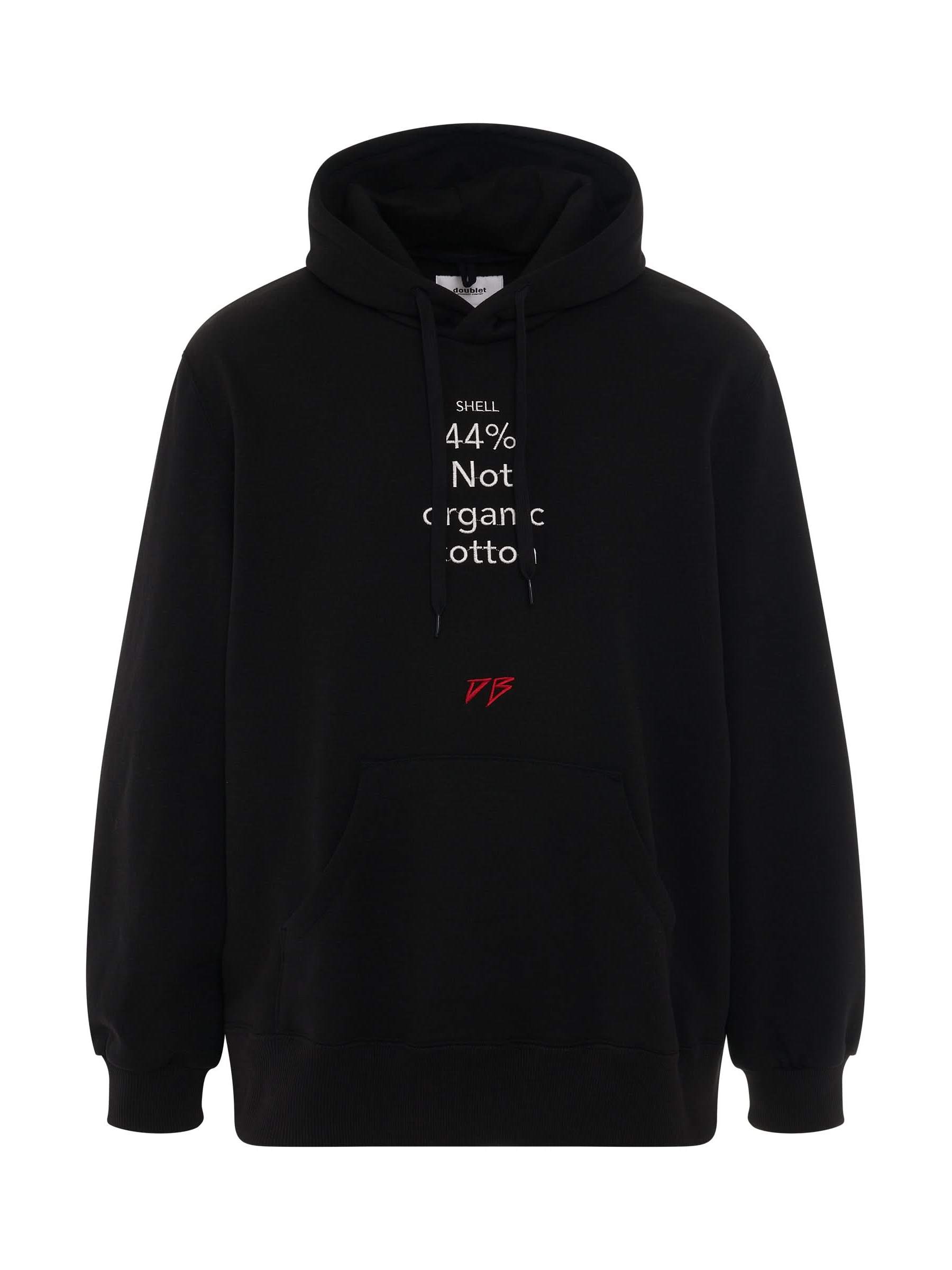 Image of a model wearing Outerwear. Productname: DOUBLET Knit Hoodie in BLACK colour by brand - DOUBLET