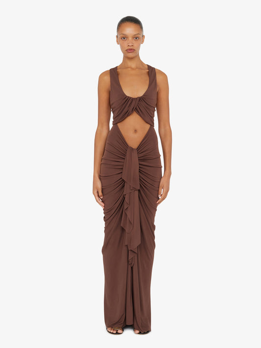 Image of Dresses. Product name - Vivenda Drape Front Dress in Cacao colour by brand - Christopher Esber