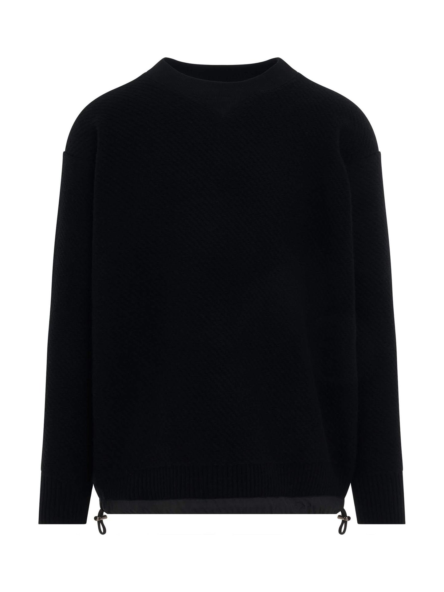 Image of a model wearing Outerwear. Productname: SACAI Wool Knit Pullover in BLACK colour by brand - SACAI