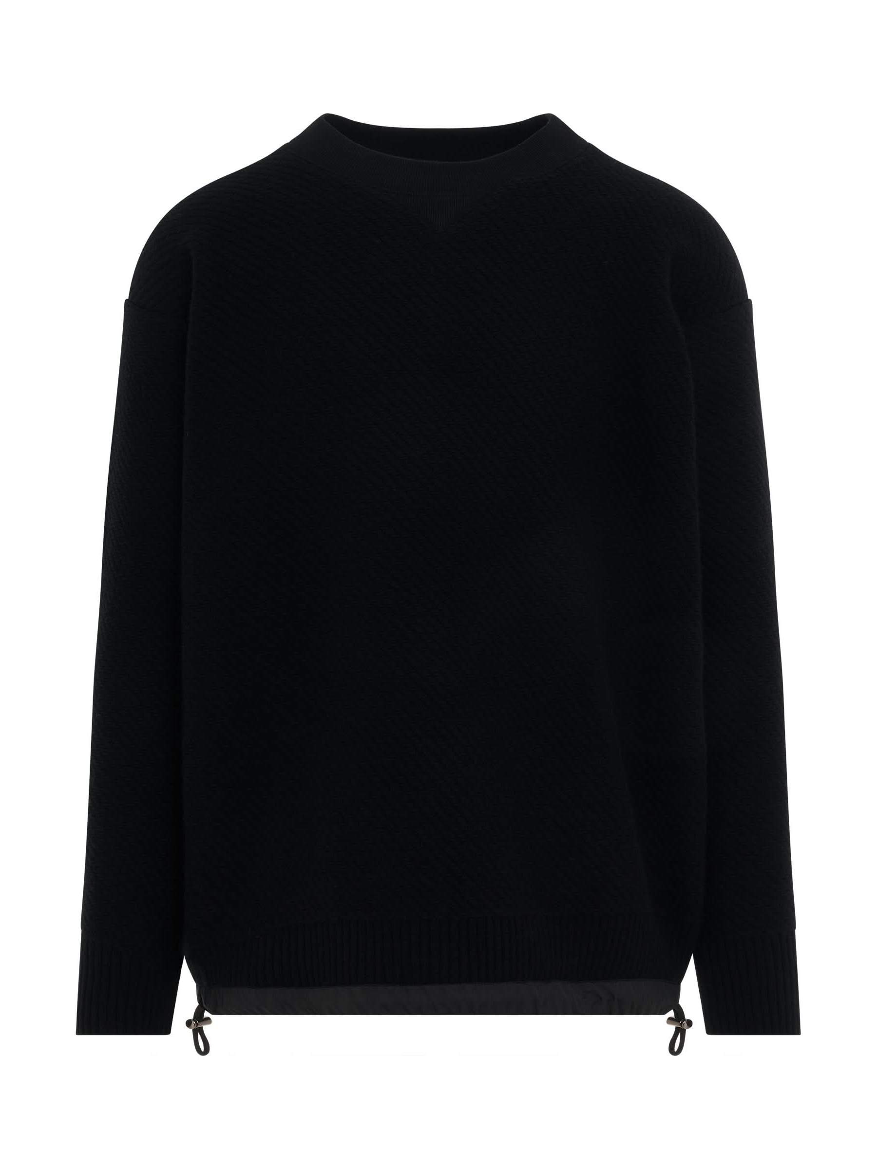 Image of a model wearing Outerwear. Productname: SACAI Wool Knit Pullover in BLACK colour by brand - SACAI