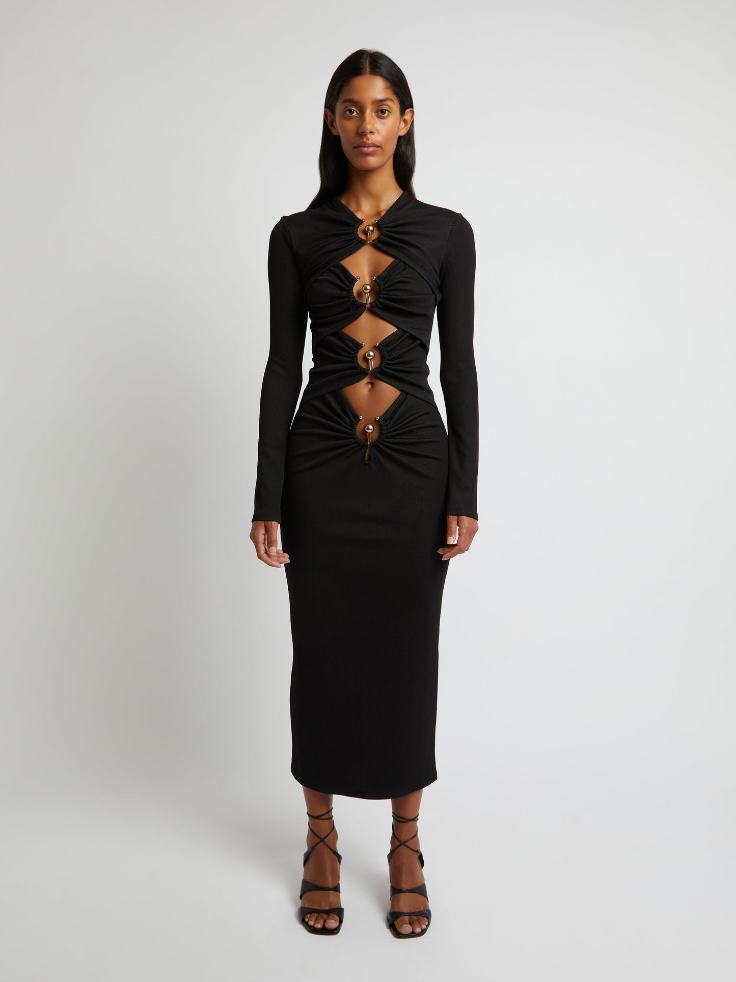 Image of Dresses. Productname: Christopher Esber Orbit Ruched Long Sleeve Dress in Black colour by brand - Christopher Esber