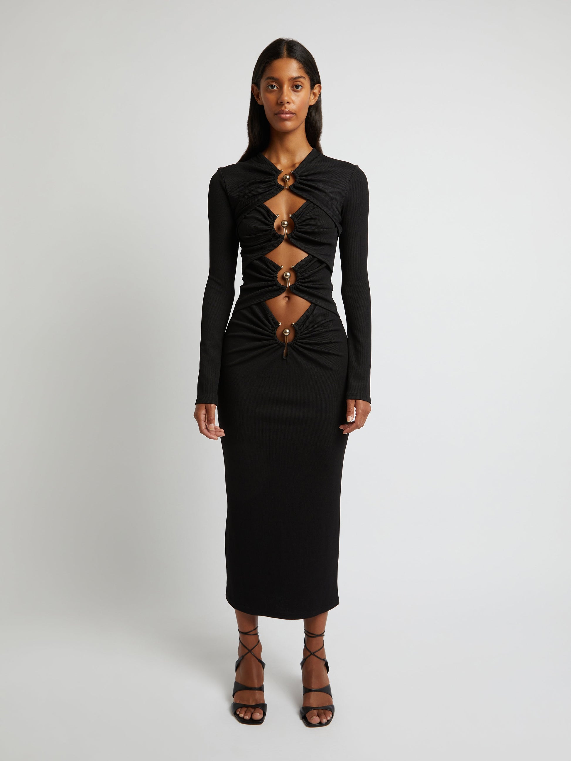Image of Dresses. Productname: Christopher Esber Orbit Ruched Long Sleeve Dress in Black colour by brand - Christopher Esber