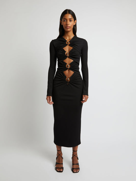 Image of Dresses. Productname: Christopher Esber Orbit Ruched Long Sleeve Dress in Black colour by brand - Christopher Esber