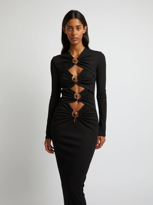 Christopher Esber Orbit Ruched Long Sleeve Dress (Black)