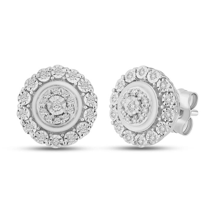 Image of Earrings. Product name - Double Halo Stud Earrings with 0.16tw of Diamonds in Sterling Silver in colour by brand - Bevilles