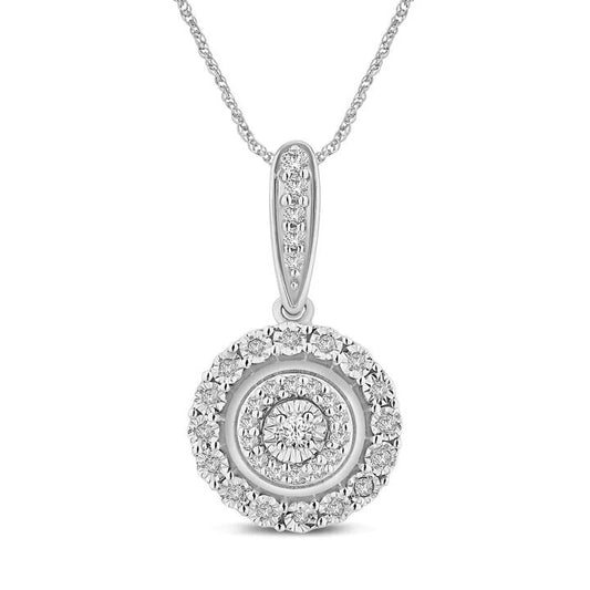 Image of Necklaces. Productname: 45cm Double Halo Pendant Necklace with 0.15tw of Diamonds in Sterling Silver in Diamond colour by brand - Bevilles