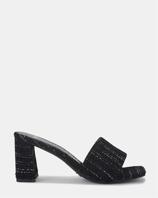 Image of Sandals. Product name - Uniqua Women's Strappy Low Heel BLACK TWEED Novo Sandals in Black Tweed colour by brand - NOVO