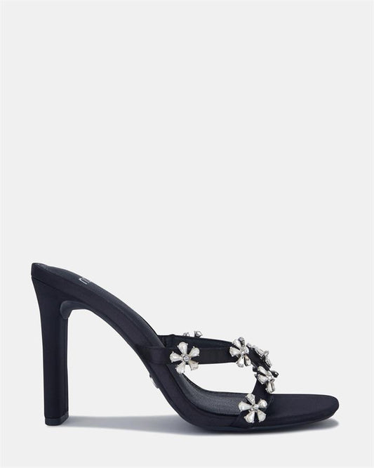 Image of Sandals. Product name - Larna Women's Strappy High Heel Black Satin Novo Sandals in Black Satin colour by brand - NOVO