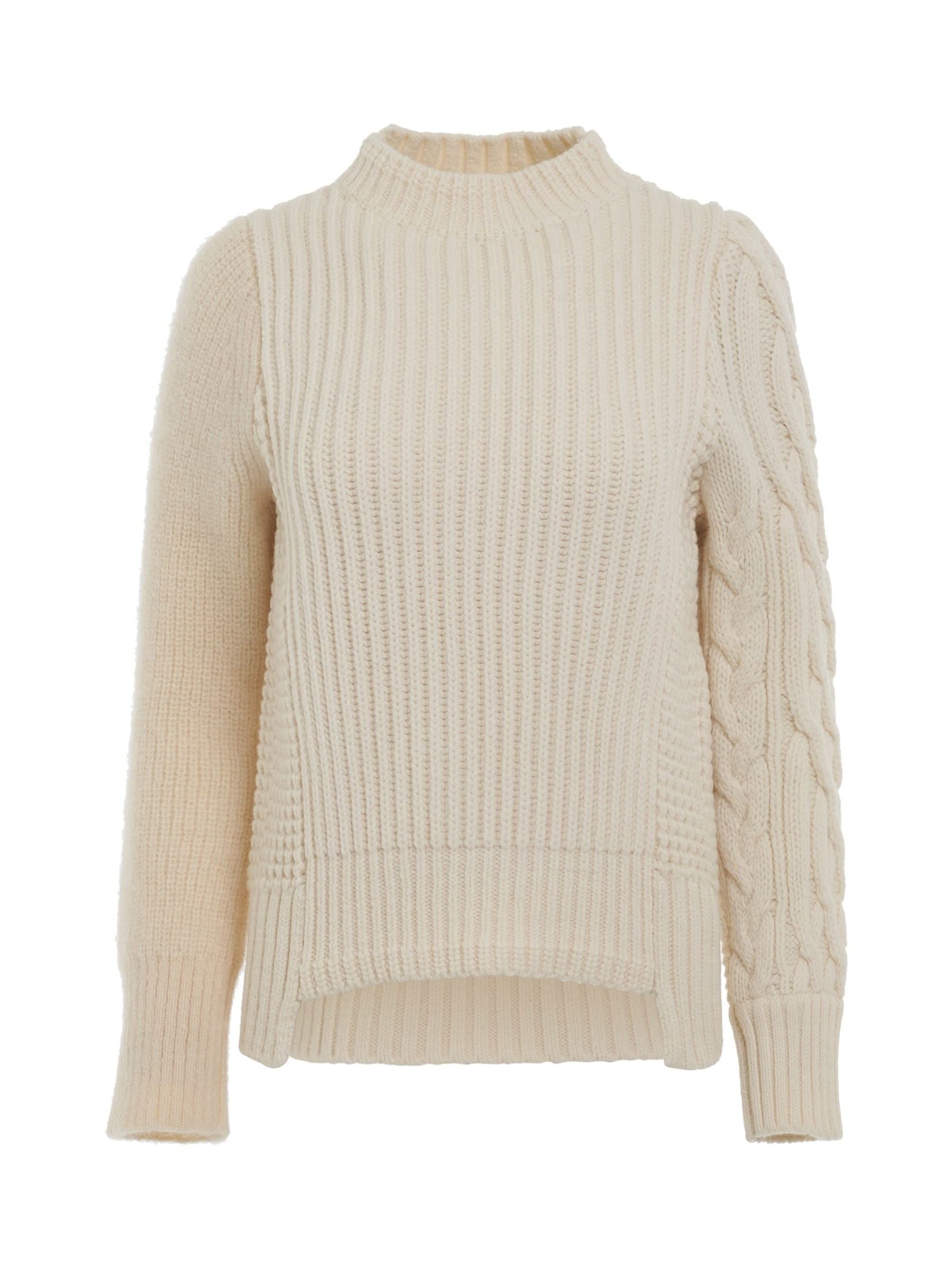 Image of a model wearing Outerwear. Product name - Wool Mohair Knit Pullover in White colour by brand - SACAI