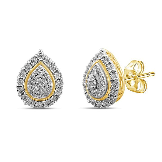 Image of Earrings. Productname: Pear Halo Stud Earrings with 0.16tw of Diamonds in 9kt Yellow Gold in colour by brand - Bevilles