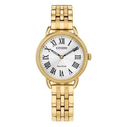 Image of a model wearing Dress. Productname: Citizen Women's Eco-Drive Dress Watch EM1052-51A in Watch colour by brand - Citizen