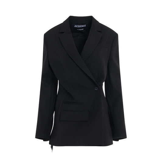 Image of Coats & Jackets. Productname: JACQUEMUS Tibau Crossover Double Breasted Blazer in BLACK colour by brand - JACQUEMUS