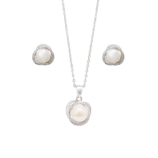 Image of Earrings. Productname: Synthetic Pearl Stud Earrings and Necklace With Cubic Zirconia Set in Sterling Silver in Silver colour by brand - Bevilles