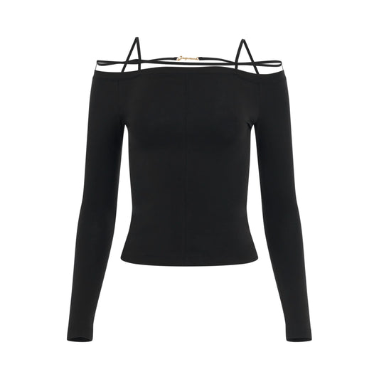 Image of a model wearing Tops. Productname: JACQUEMUS Sierra Long Sleeve Lingerie Top in BLACK colour by brand - JACQUEMUS