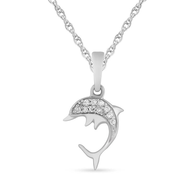 Image of Charms. Product name - Children's Dolphin Necklace with 0.03tw of Diamonds in Sterling Silver in colour by brand - Bevilles