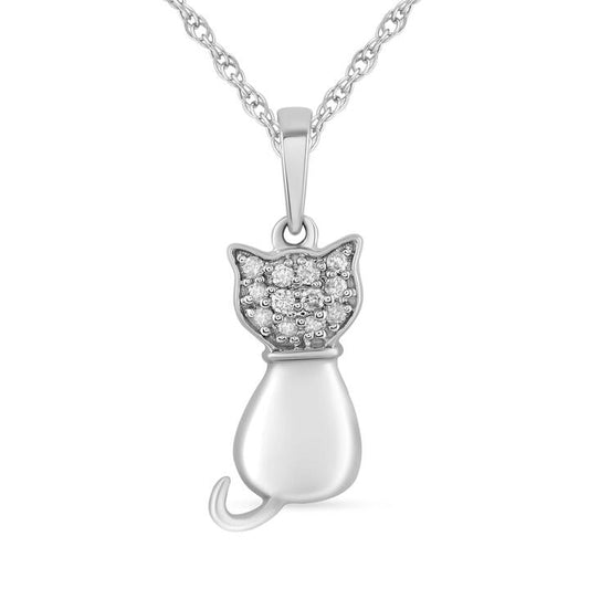 Image of Necklaces. Productname: Children's Sitting Cat Necklace with 0.05tw of Diamonds in Sterling Silver in Diamond colour by brand - Bevilles