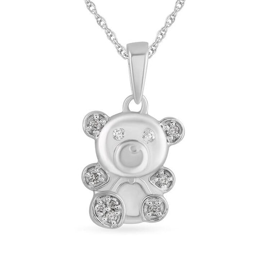 Image of Necklaces. Productname: Children's Teddy Bear Necklace with 0.05tw of Diamonds in Sterling Silver in Diamond colour by brand - Bevilles