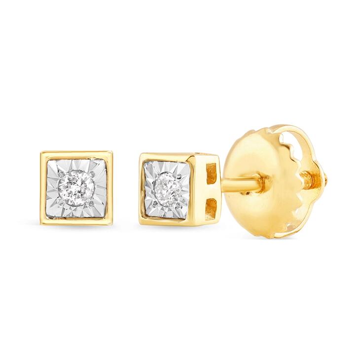 Image of Earrings. Productname: Children's Square Shape Stud Earrings with Diamonds in 9kt Yellow Gold in Diamond colour by brand - Bevilles