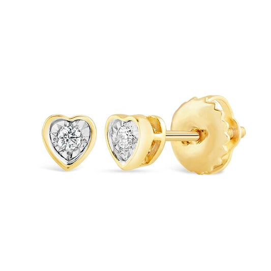 Image of Earrings. Productname: Children's Heart Shaped Stud Earrings with 0.03ct of Diamonds in 9kt Yellow Gold in Diamond colour by brand - Bevilles