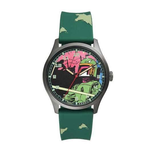 Image of Watches. Productname: Fossil Special Edition Star Wars Boba Fett Three-Hand Green Silicone Watch SE1106 in Watch colour by brand - Fossil