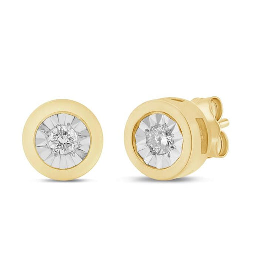 Image of Earrings. Productname: Bezel Solitaire Stud Earrings with 0.05tw of Diamonds in 9kt Yellow Gold in colour by brand - Bevilles