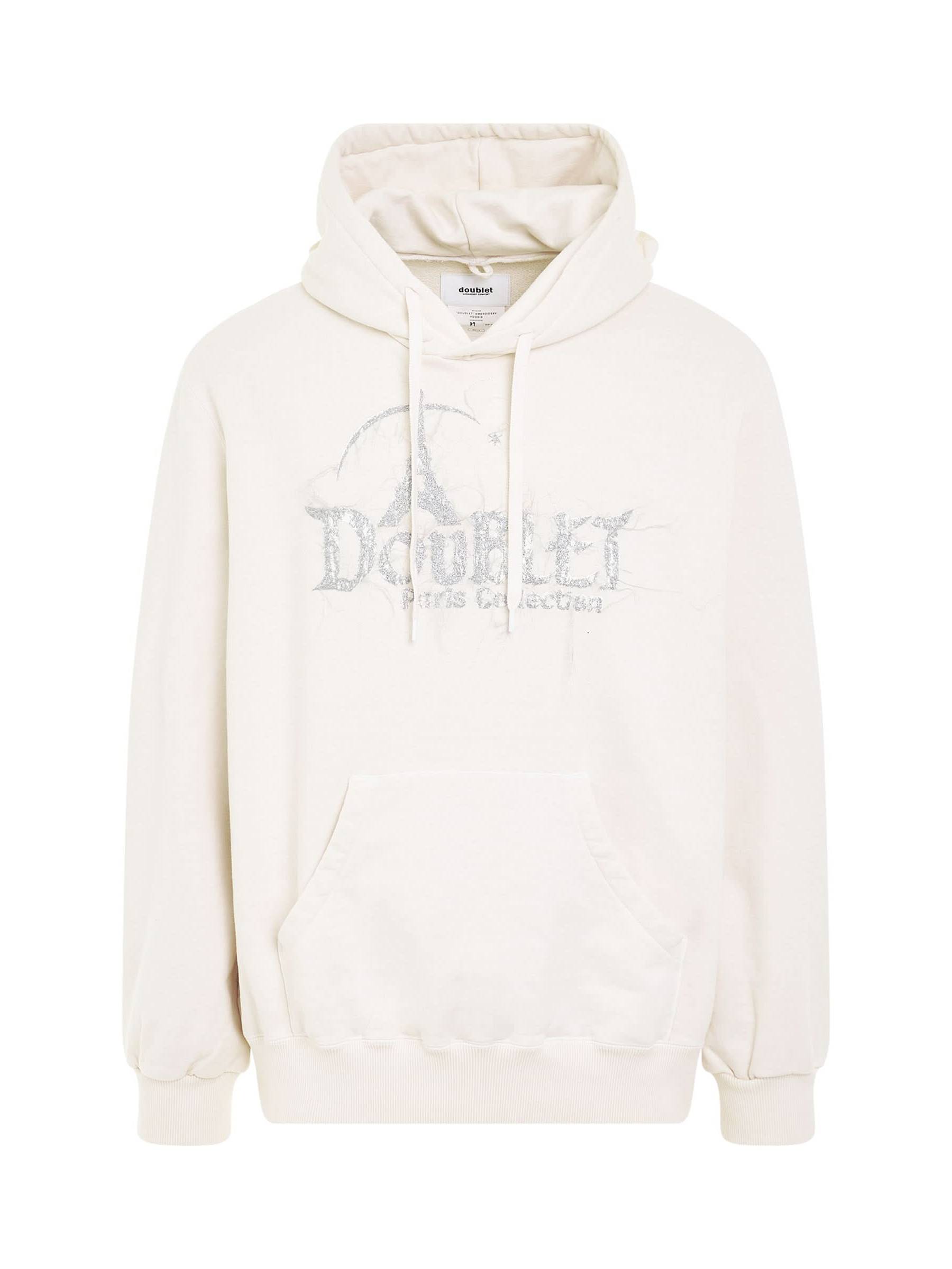 Image of a model wearing Outerwear. Productname: DOUBLET "DOUBLAND" Embroidery Hoodie in White colour by brand - DOUBLET