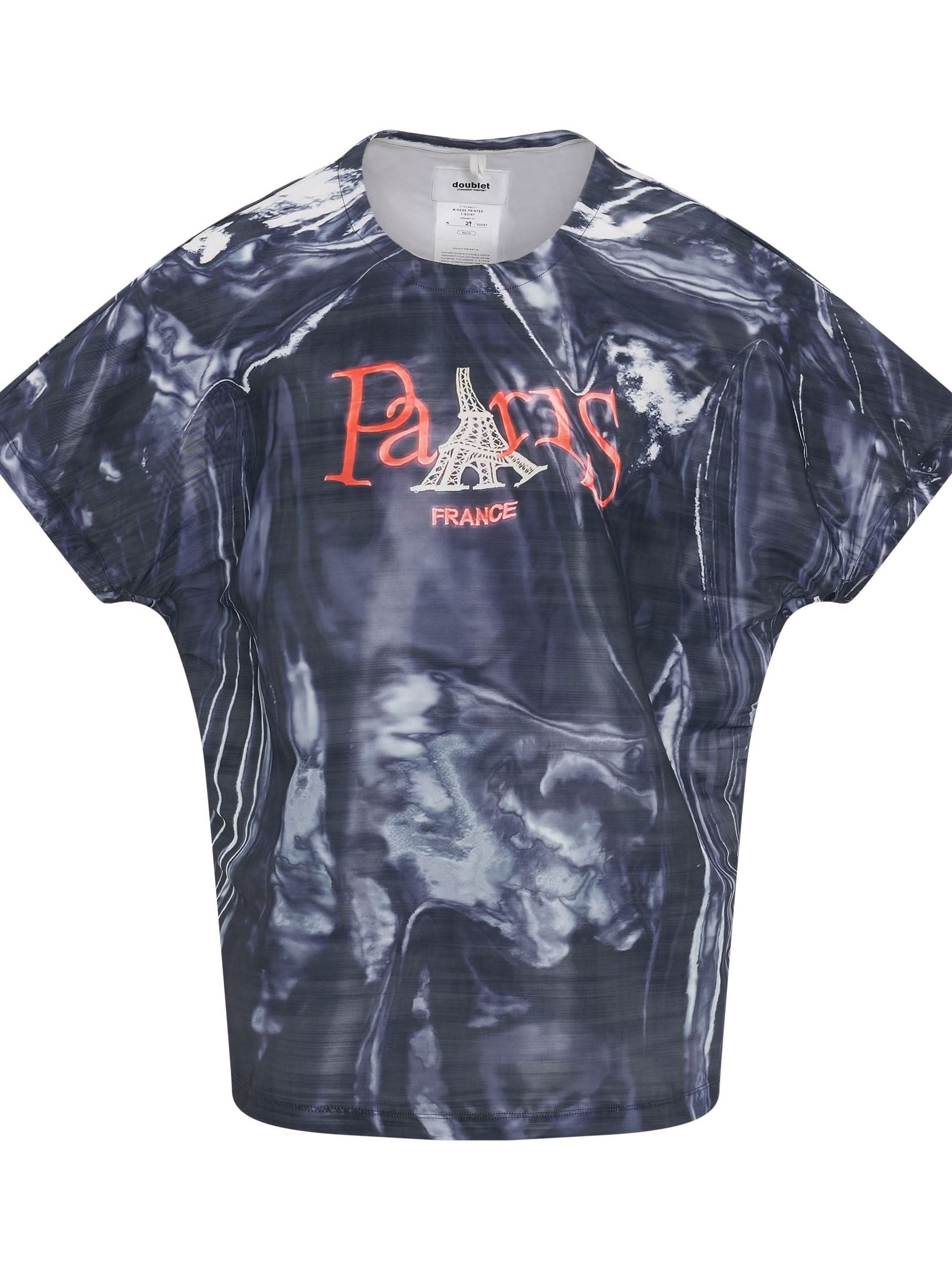 Image of a model wearing Tops. Productname: DOUBLET Mirage Printed T-Shirt in BLACK colour by brand - DOUBLET