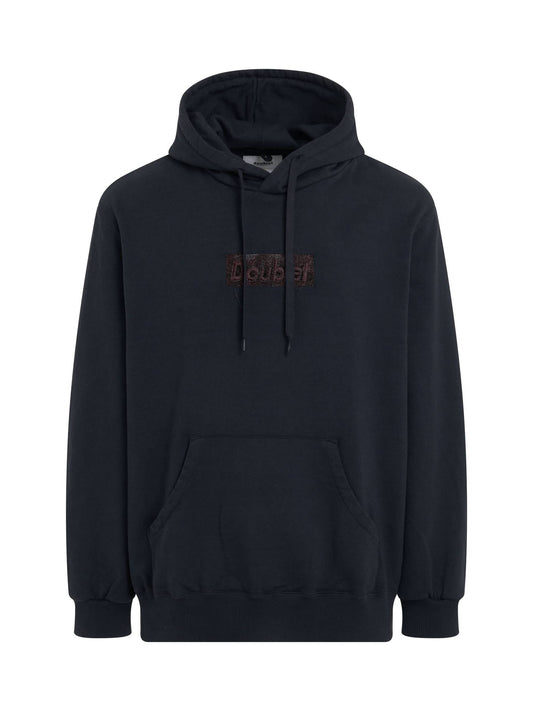 Image of a model wearing Outerwear. Productname: DOUBLET Rust Embroidery Hoodie in BLACK colour by brand - DOUBLET