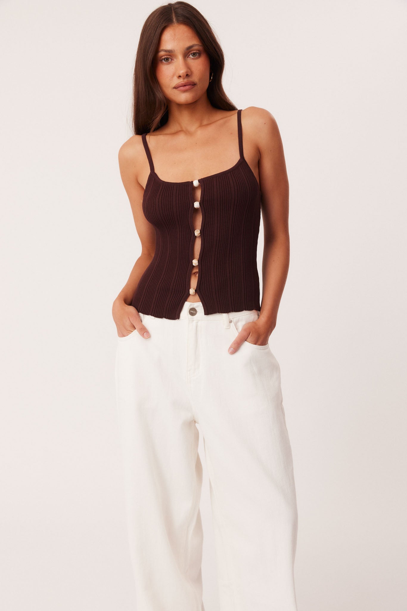 Image of a model wearing Tops. Productname: SNDYS ODESSA KNIT TANK TOP in Chocolate colour by brand - SNDYS