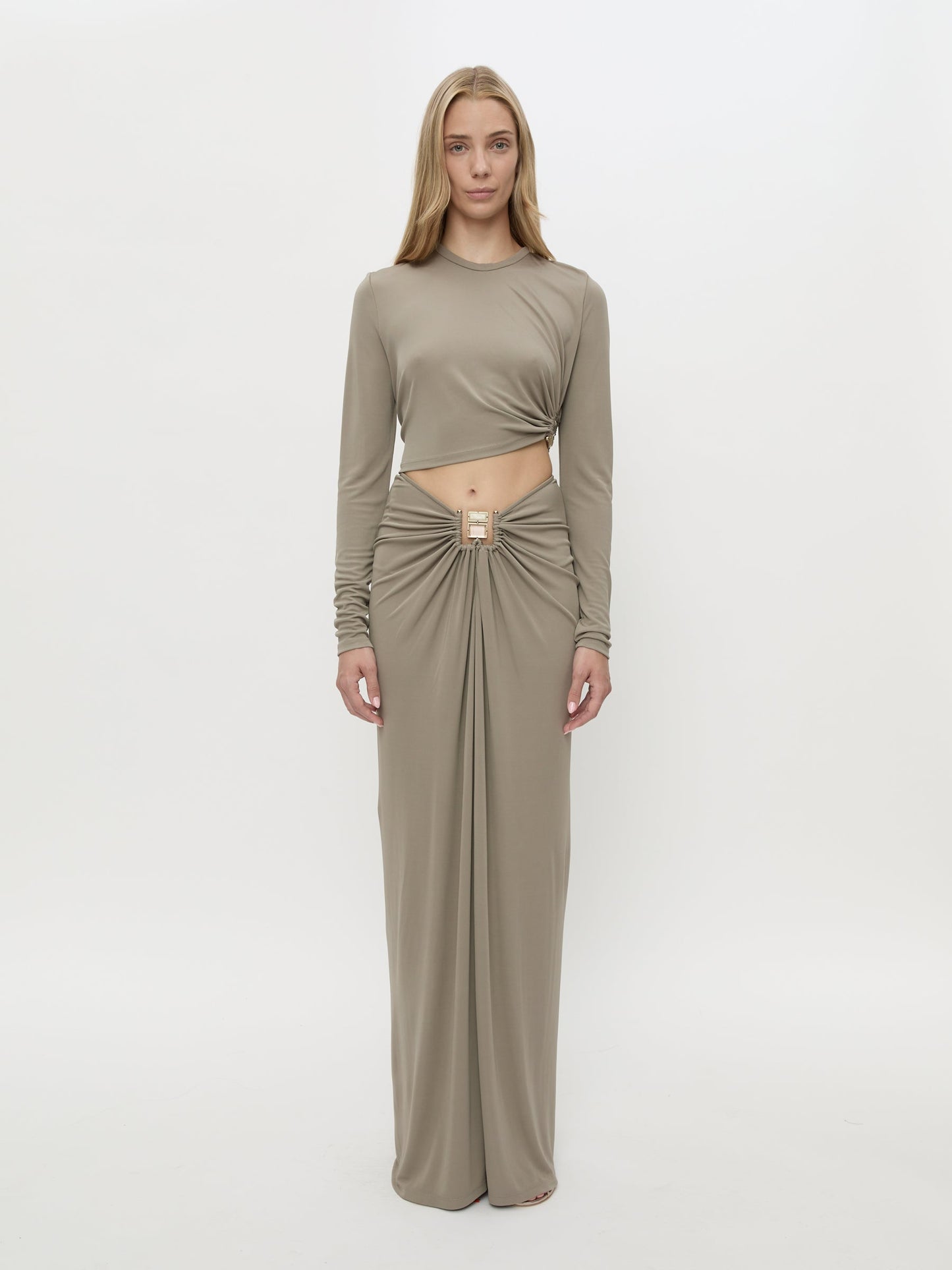 Image of a model wearing Skirts. Product name - Bezel Quartz Ruched Skirt in Slate colour by brand - CHRISTOPHER ESBER