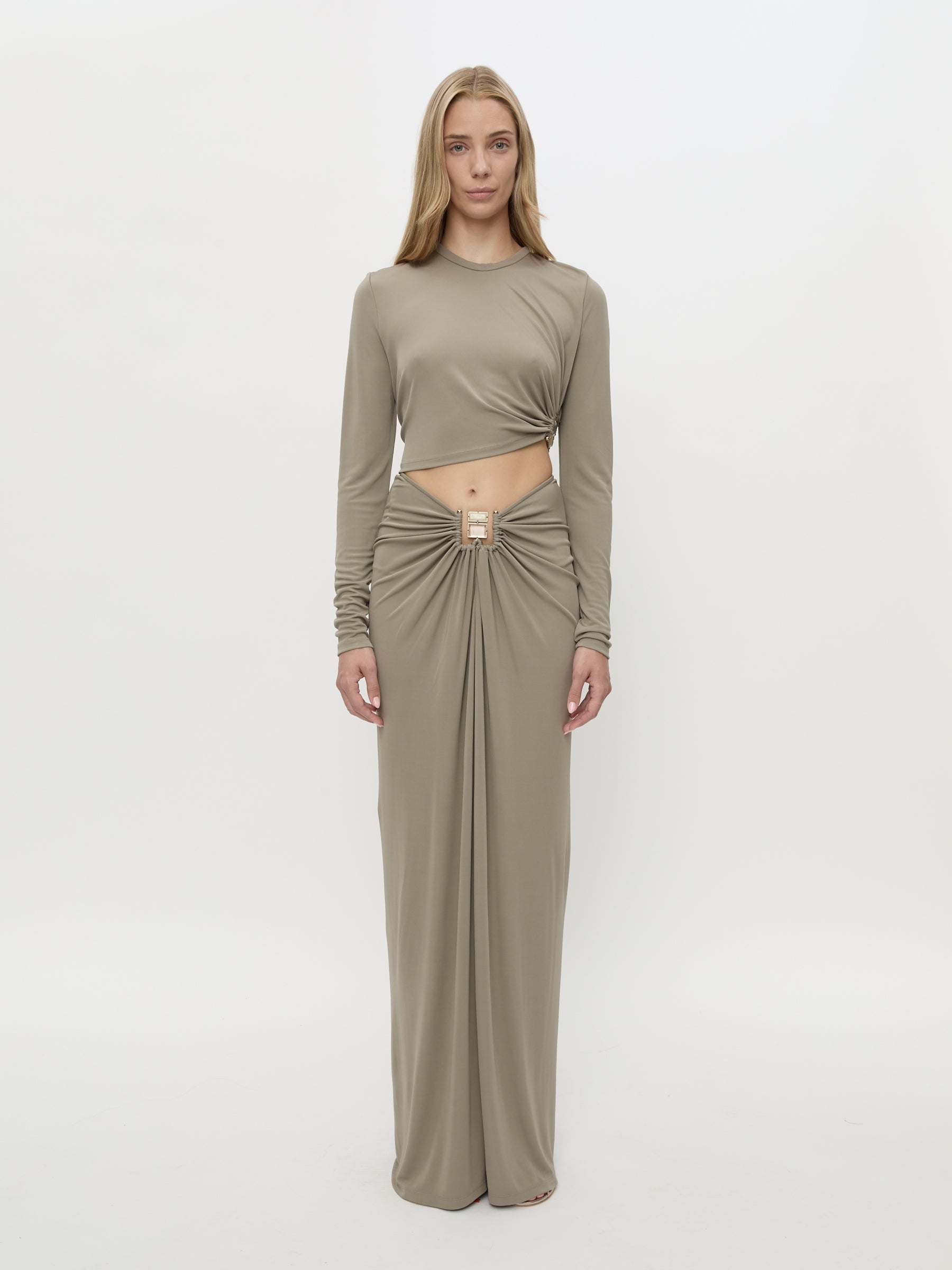 Image of a model wearing Skirts. Product name - Bezel Quartz Ruched Skirt in Slate colour by brand - CHRISTOPHER ESBER