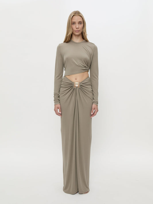Image of a model wearing Skirts. Product name - Bezel Quartz Ruched Skirt in Slate colour by brand - CHRISTOPHER ESBER