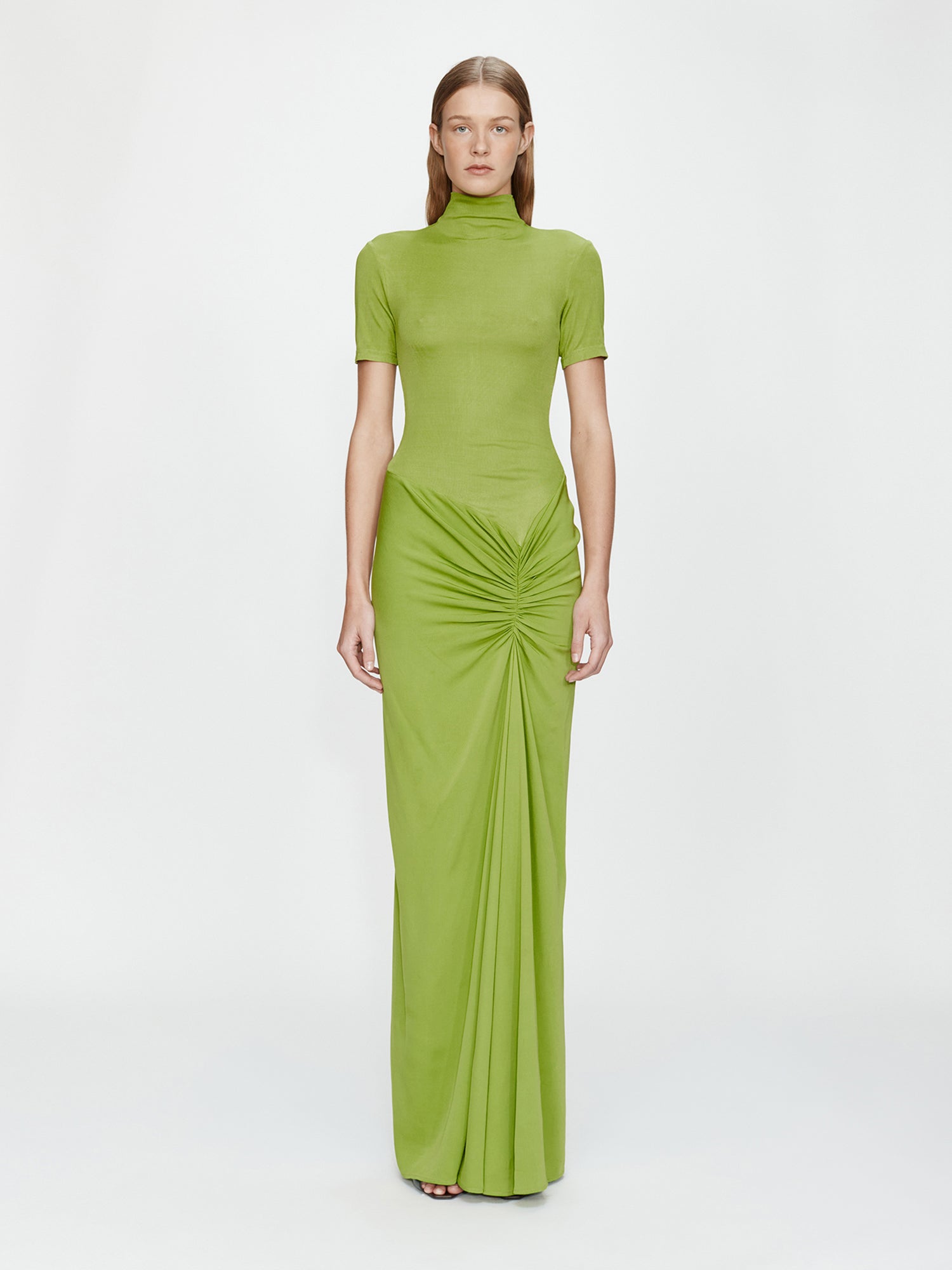 Image of Dresses. Productname: CHRISTOPHER ESBER Fusion Ruched Tee Gown in Lime colour by brand - CHRISTOPHER ESBER