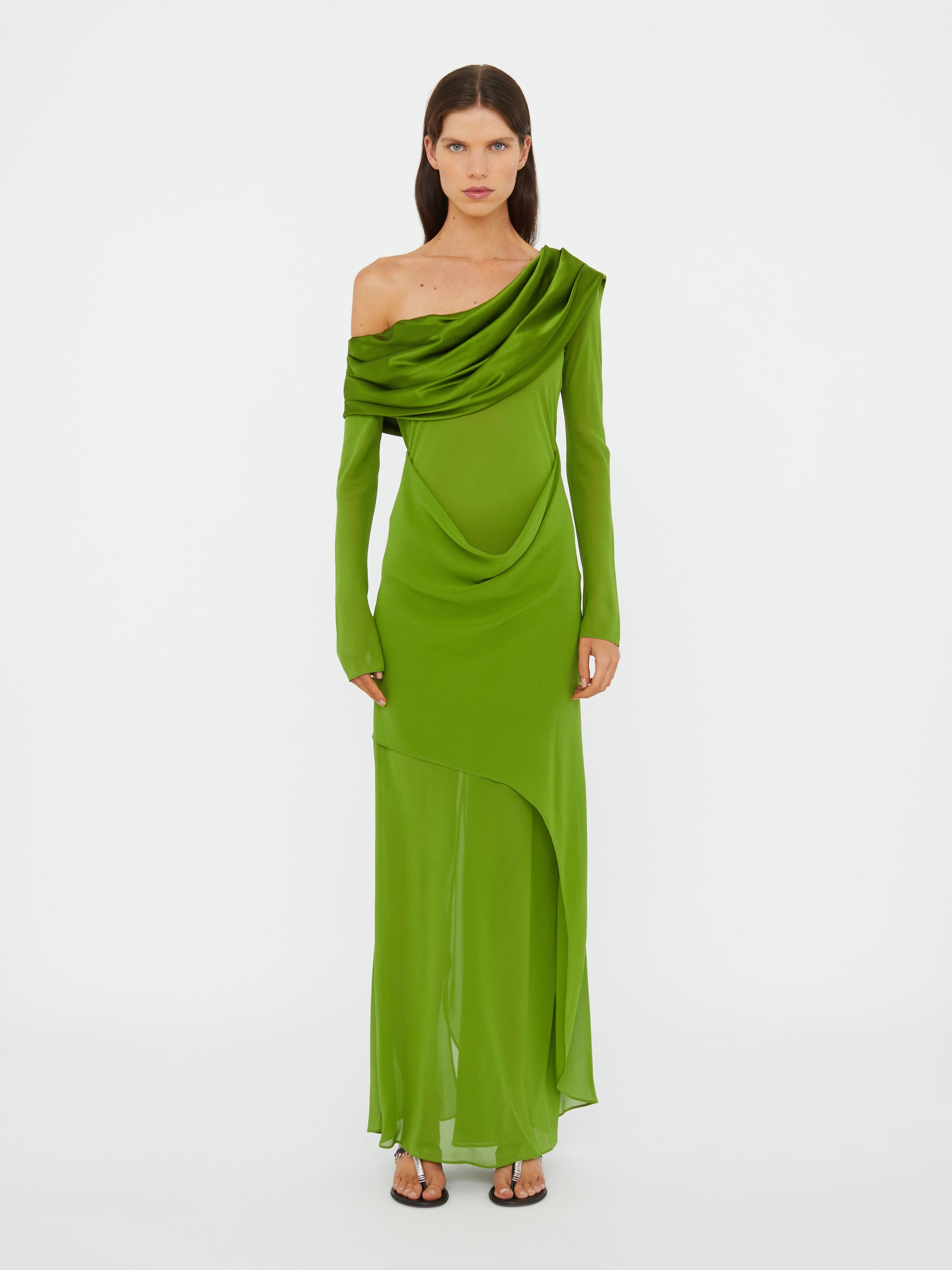 Image of Dresses. Productname: Christopher Esber Silk Draped Shawl Dress in Cactus colour by brand - Christopher Esber