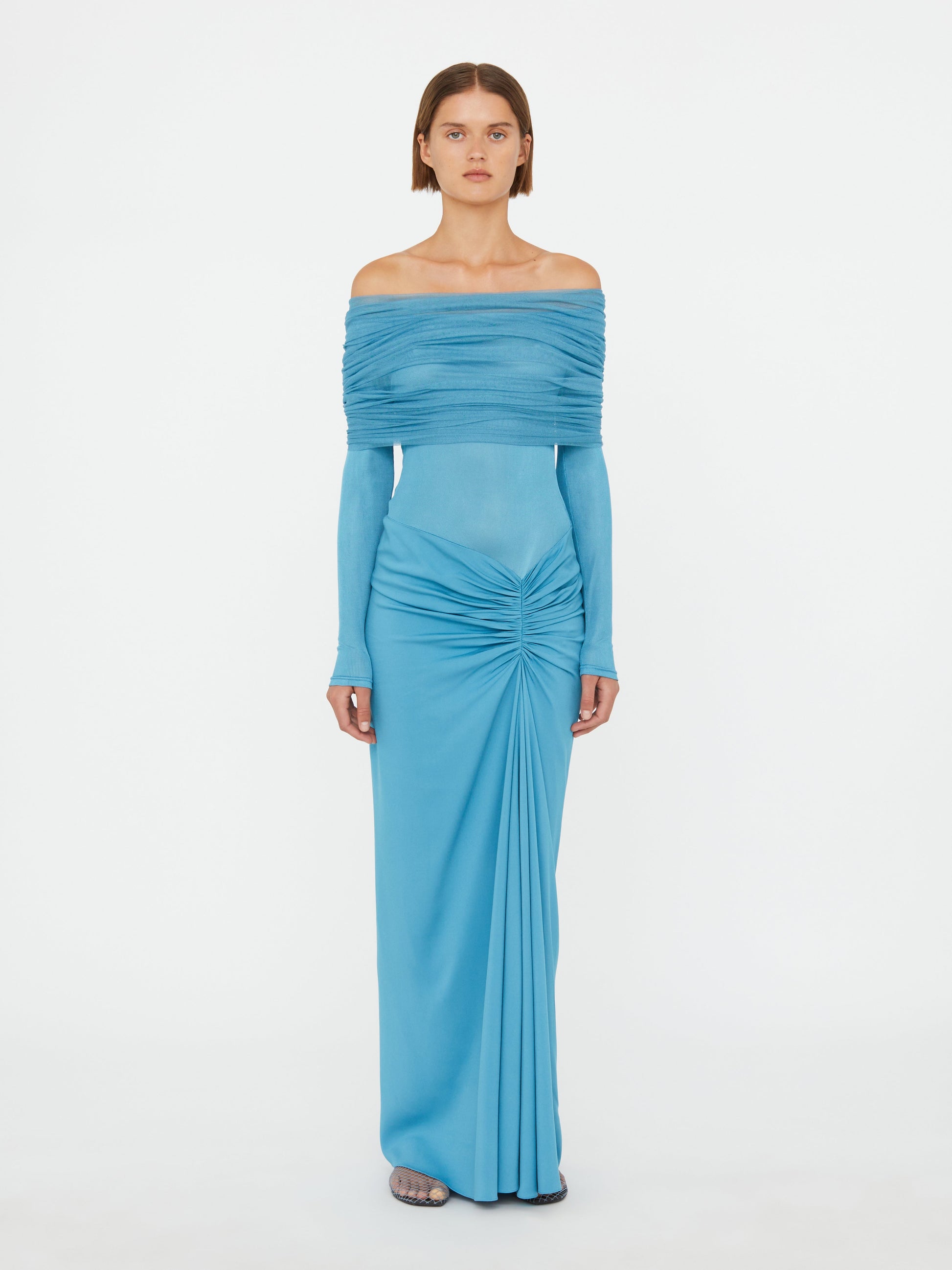 Image of Dresses. Productname: Christopher Esber Sonora Veiled Long Sleeve Ruched Dress in Lake colour by brand - Christopher Esber