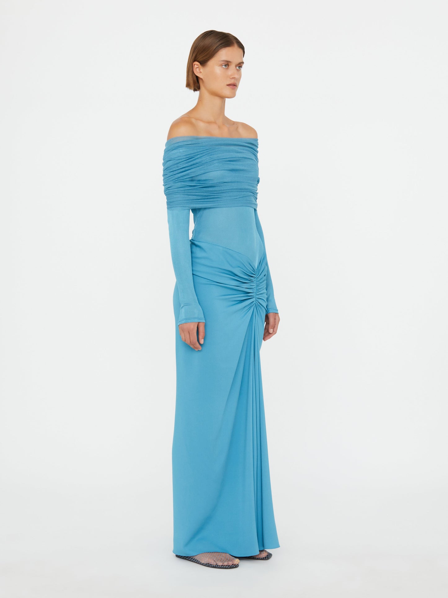 Christopher Esber Sonora Veiled Long Sleeve Ruched Dress (Lake)