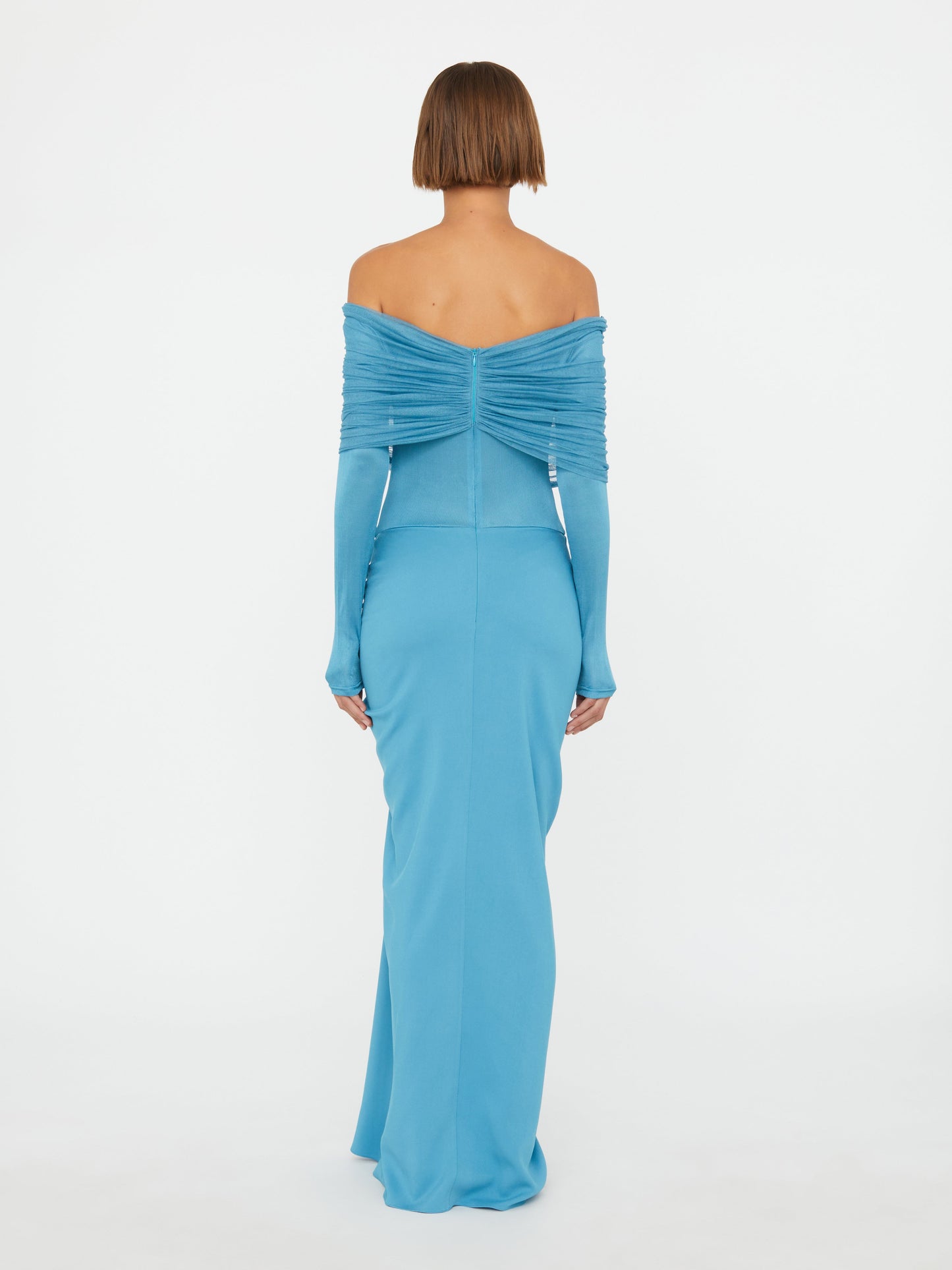 Christopher Esber Sonora Veiled Long Sleeve Ruched Dress (Lake)