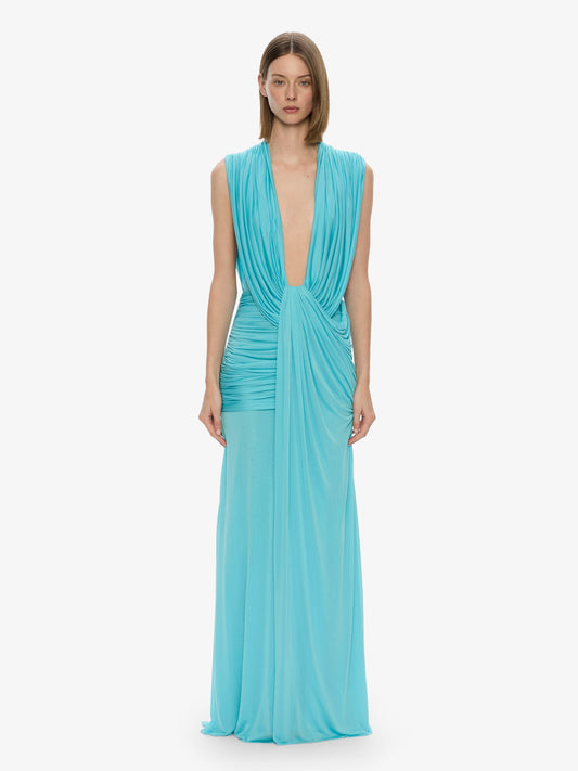 Image of Dresses. Productname: CHRISTOPHER ESBER Ripple Drape Gown in Cyan colour by brand - CHRISTOPHER ESBER