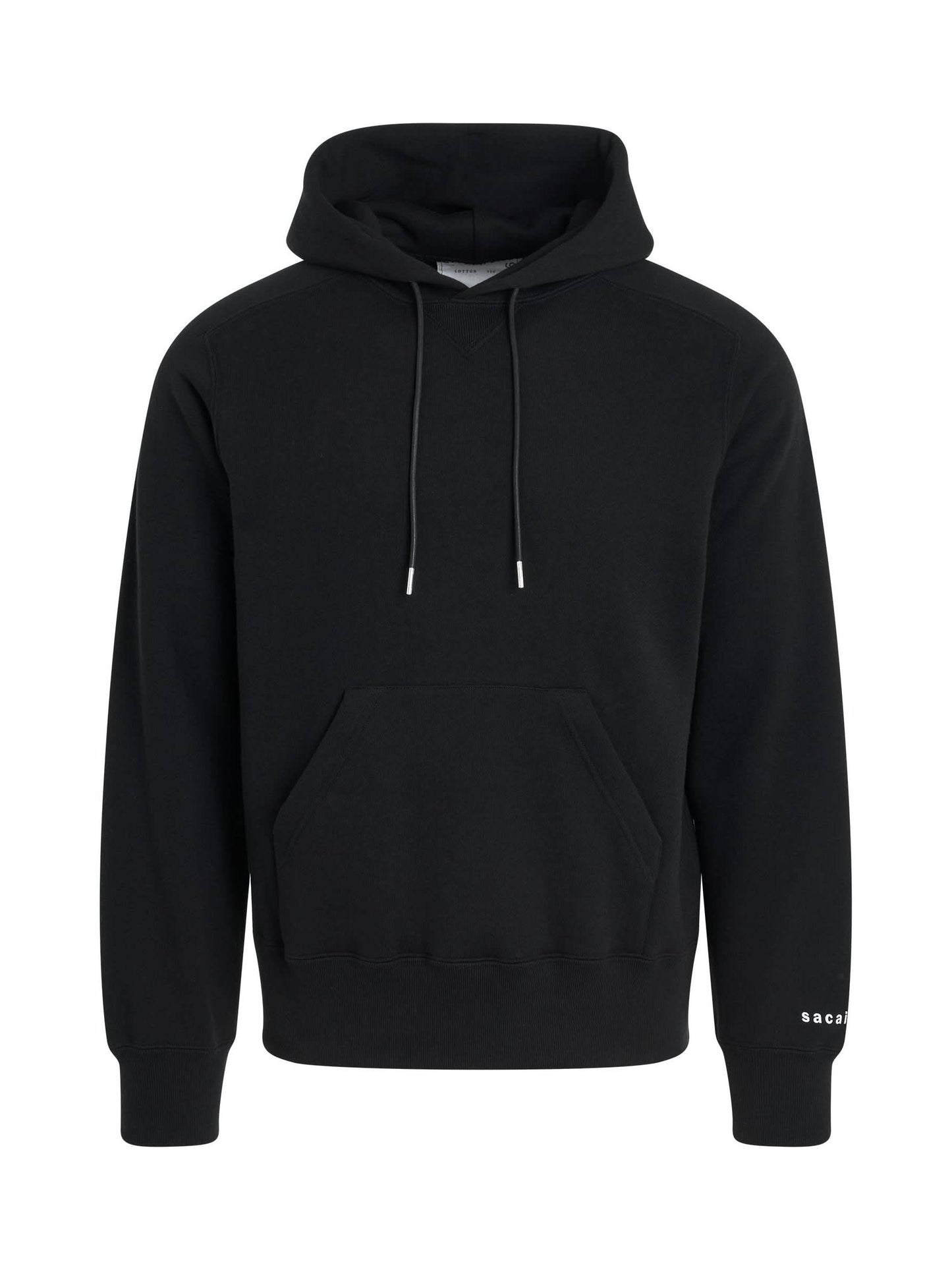 Image of a model wearing Outerwear. Productname: SACAI "Simple" Print Hoodie in BLACK colour by brand - SACAI