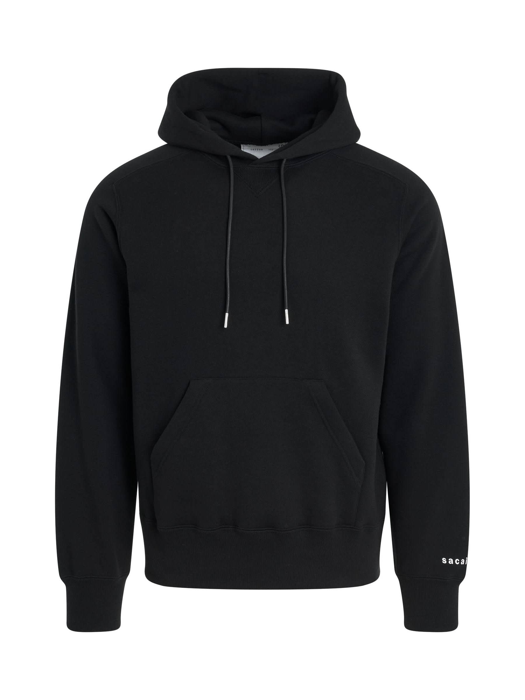 Image of a model wearing Outerwear. Productname: SACAI "Simple" Print Hoodie in BLACK colour by brand - SACAI