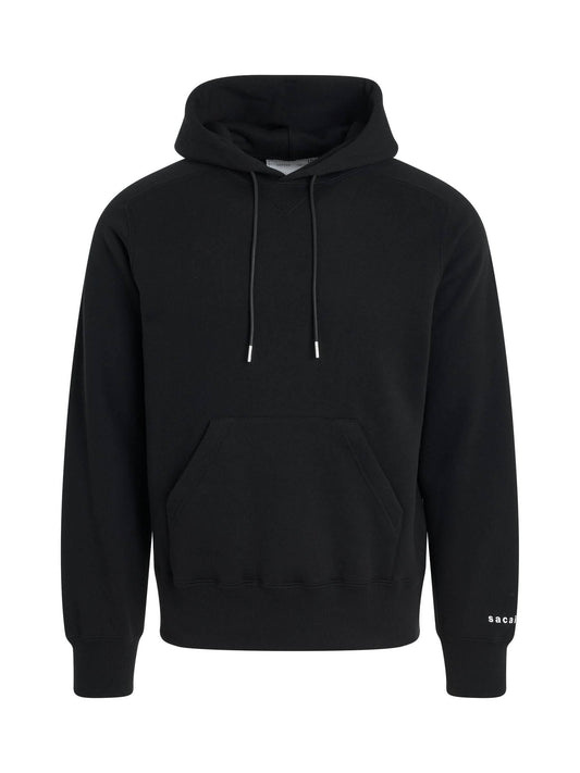 Image of a model wearing Outerwear. Productname: SACAI "Simple" Print Hoodie in BLACK colour by brand - SACAI