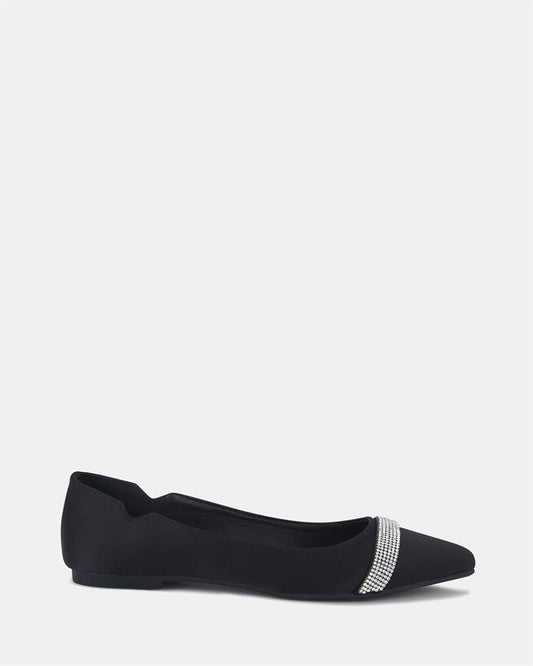 Image of Flats. Product name - Caramia Women's Casual Flat Closed Black Satin Novo Casual in Black Satin colour by brand - NOVO