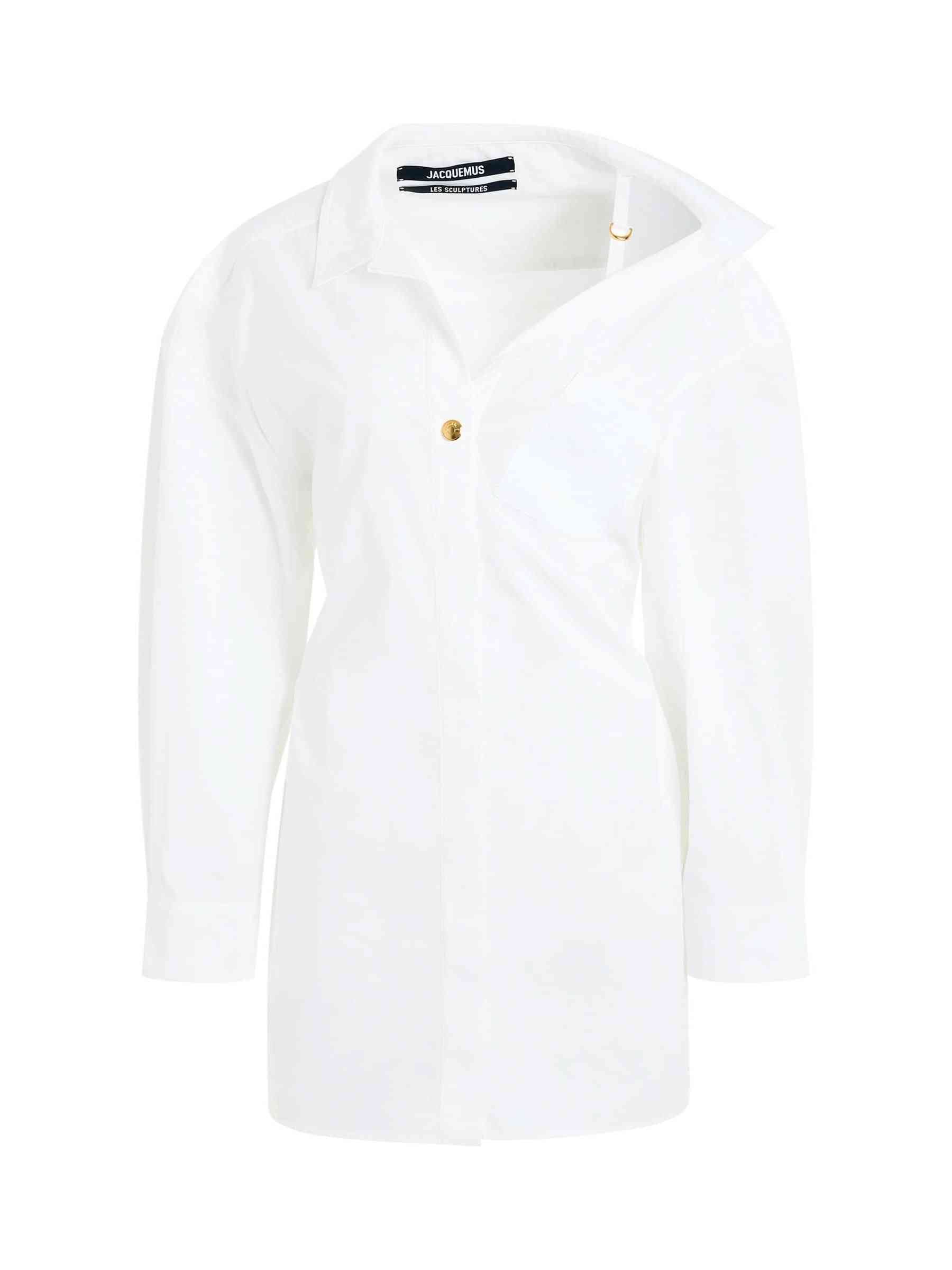 Image of a model wearing Dress. Productname: JACQUEMUS La Mini Robe Chemise Dress in White colour by brand - JACQUEMUS