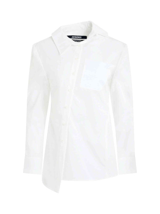 Image of a model wearing Tops. Productname: JACQUEMUS Pablo Asymmetric Shirt in White colour by brand - JACQUEMUS
