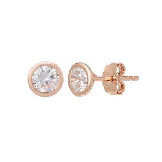 Image of Earrings. Productname: 5mm Bezel Set Cubic Zirconia Stud Earrings in 9kt Rose Bonded Gold in Gold colour by brand - Bevilles
